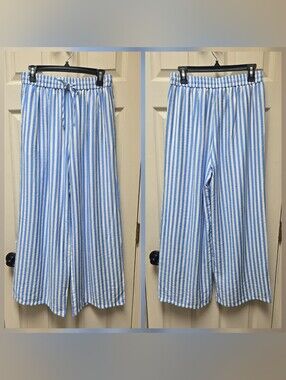 NWT Pretty Garden Blue and White Vertical Stripe Lined Wide-Leg Pants, Medium